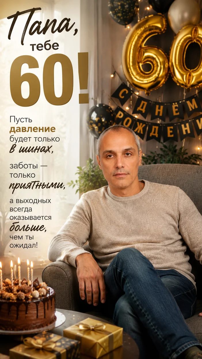 Фотооткрытка папе на 60 лет с поздравлением "Папа, тебе 60!"