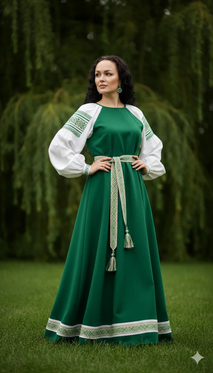 Женщина в зелёном народном сарафане стоит на траве