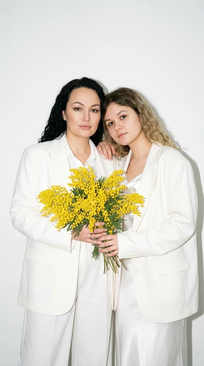 Мама с дочкой с цветами 