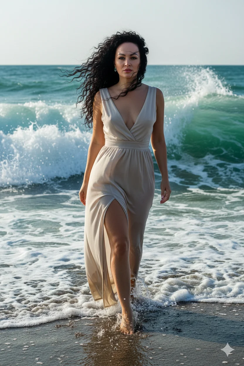 Женщина у линии прибоя в светлом летящем платье