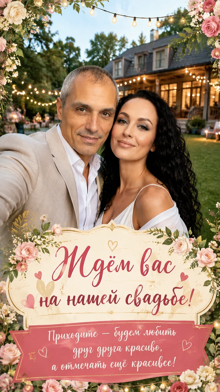 Фотооткрытка загородная с надписью «Ждём вас на нашей свадьбе!»
