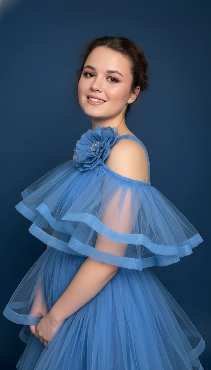Девушка в студии в синем тюлевом платье с крупным цветком на плече полуоборот мягкий све