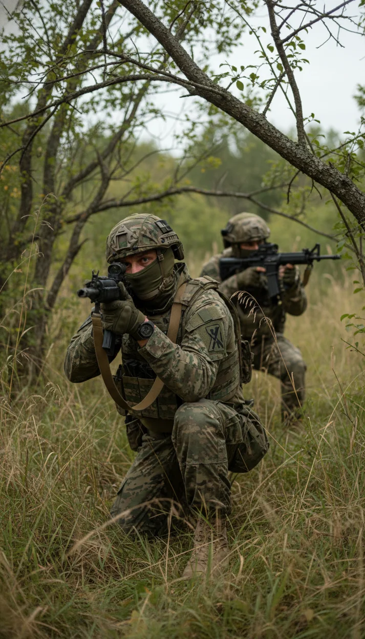 Военные в засаде, частично открытое лицо СВО ИИ 