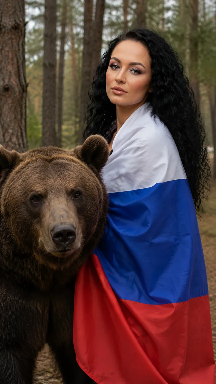 девушка стоит рядом с большим бурым медведем в лесной атмосфере 