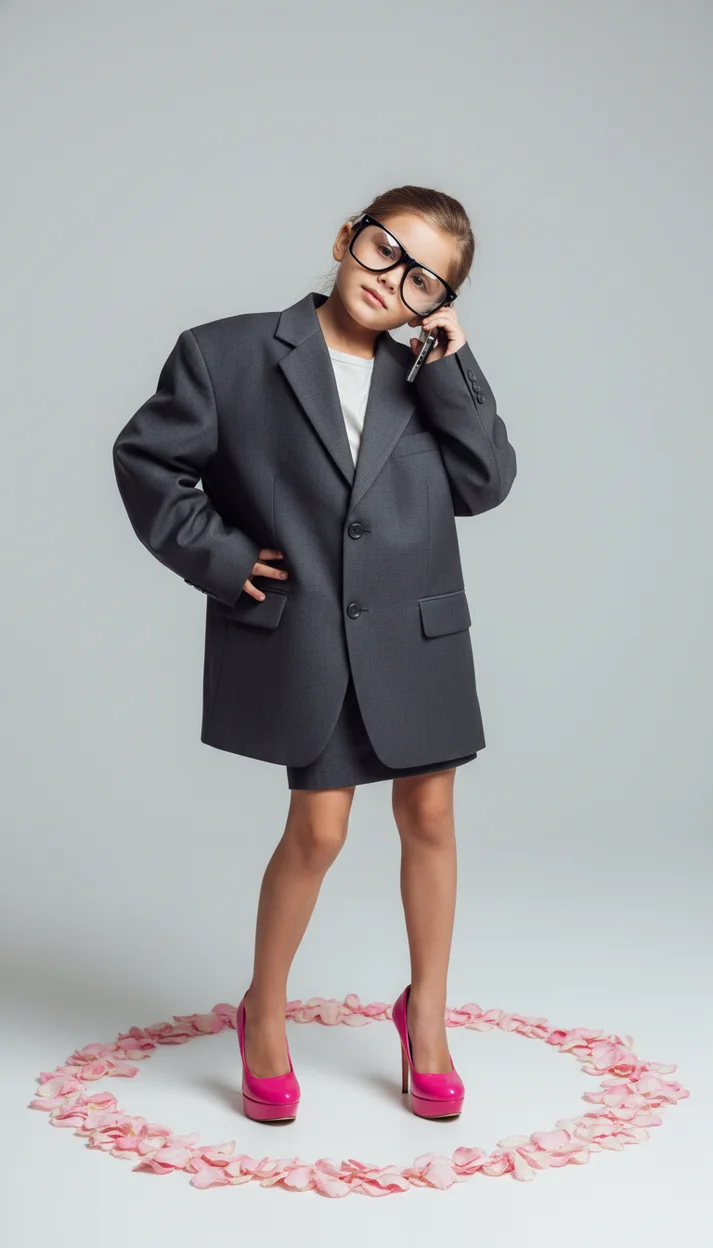 Забавный деловой портрет ребёнка в большом костюме