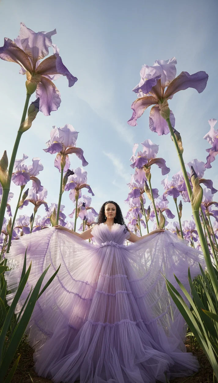 Девушка в лавандовом платье среди ирисов