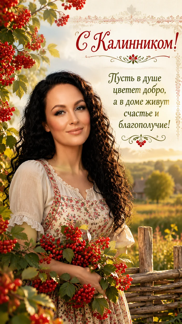 Фотооткрытка в деревенском стиле с текстом «С Калинником! Пусть в душе цветет добро, а в доме живут счастье и благополучие!»