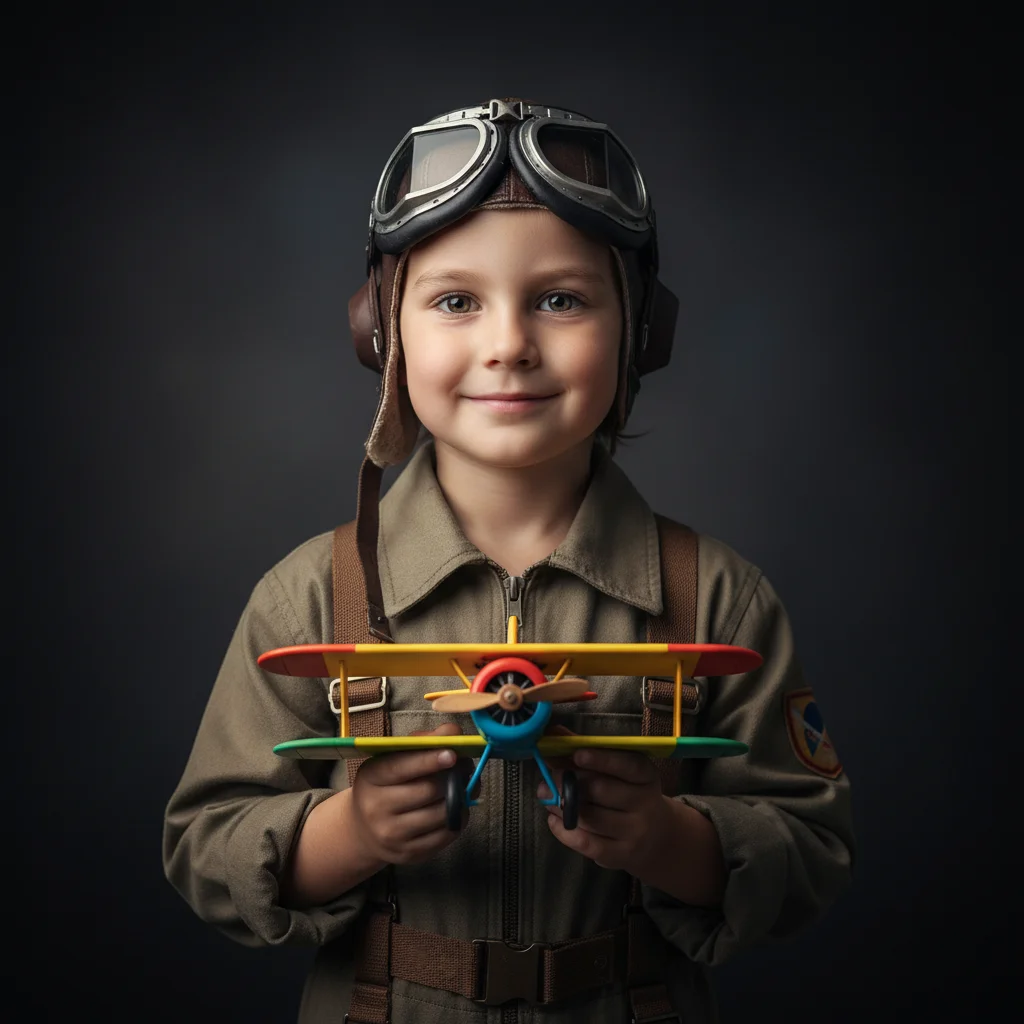 Ребёнок в авиационном костюме с игрушечным самолётом