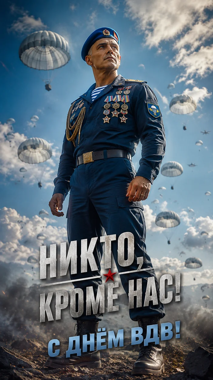 Фотосессия героя ВДВ на фоне неба с парашютами