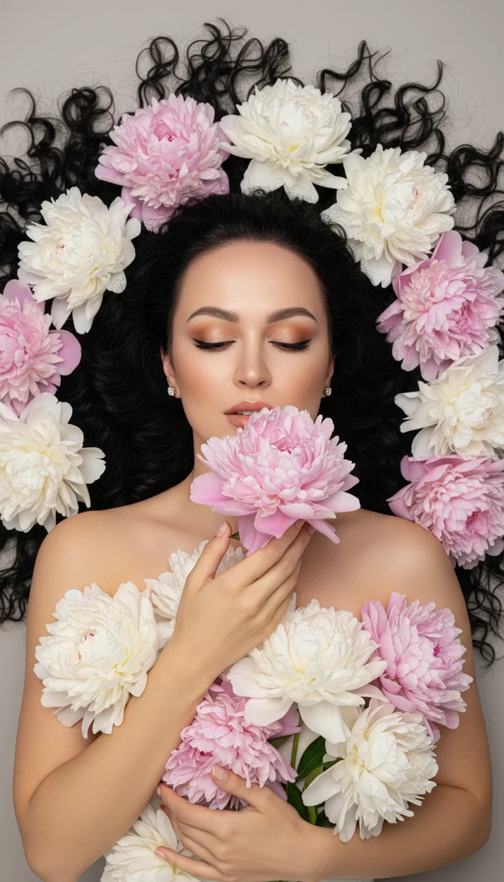  Женщина лежит среди пионов на светлом фоне