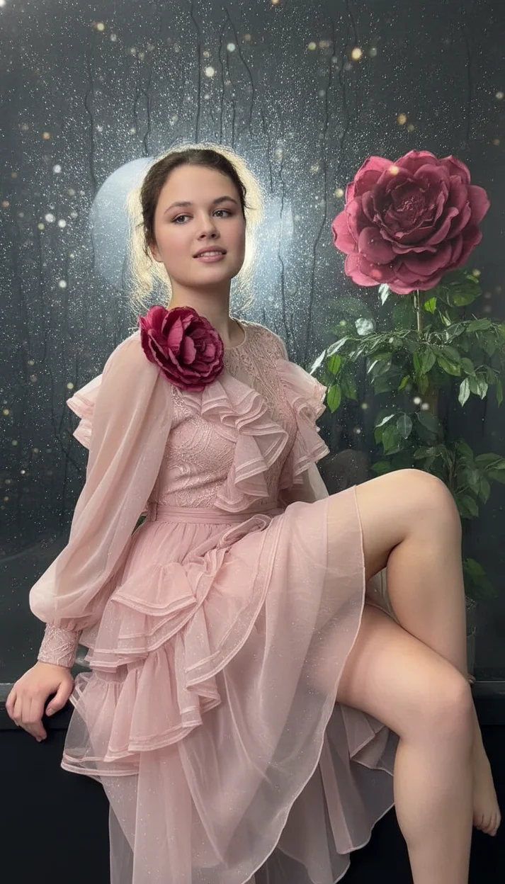 Девушка в студии с сияющим фоном в розовом платье