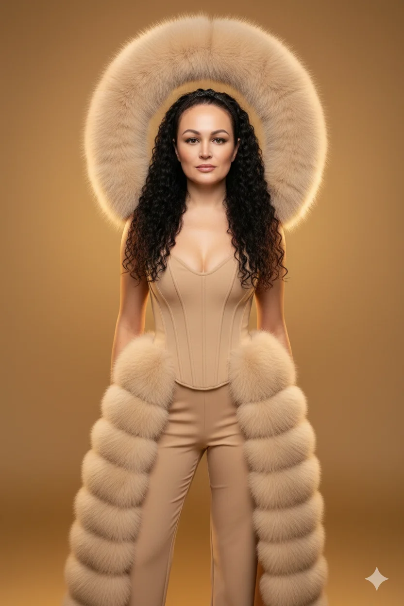 Женщина в бежевом корсете с объёмной меховой конструкцией