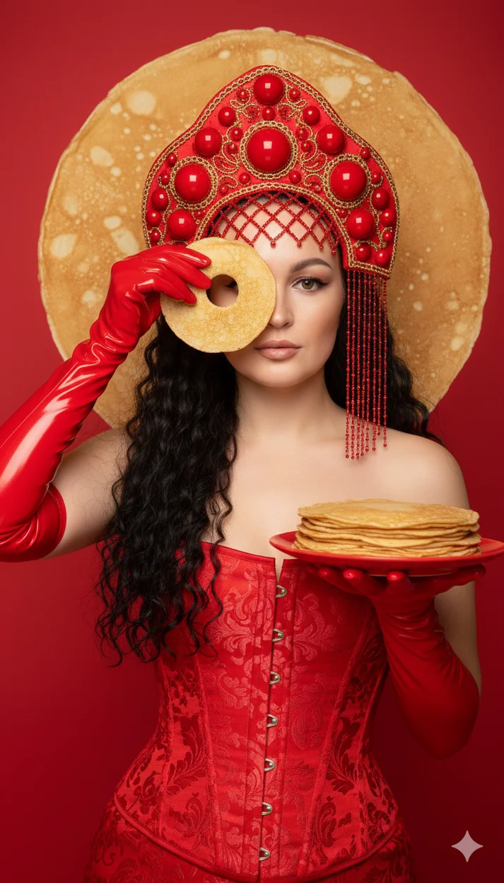 Девушка в красном кокошнике на алом фоне с блинами