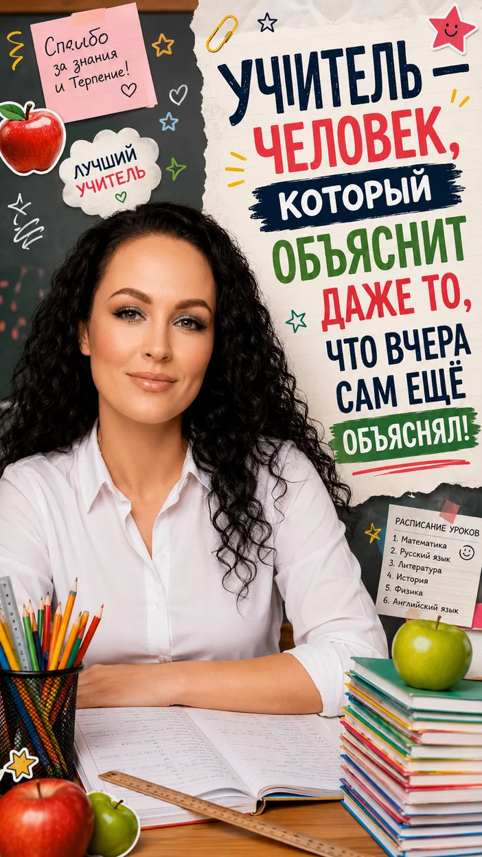Фотооткрытка учителю с текстом "УЧИТЕЛЬ — ЧЕЛОВЕК, КОТОРЫЙ ОБЪЯСНИТ ДАЖЕ ТО, ЧТО ВЧЕРА САМ ЕЩЁ ОБЪЯСНЯЛ!"