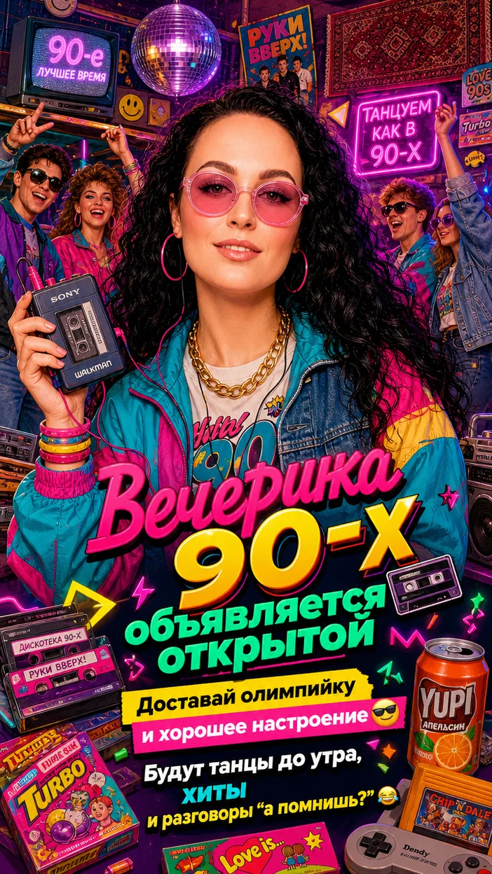 Пригласительная на вечеринку в стиле 90-х с вашим фото ИИ