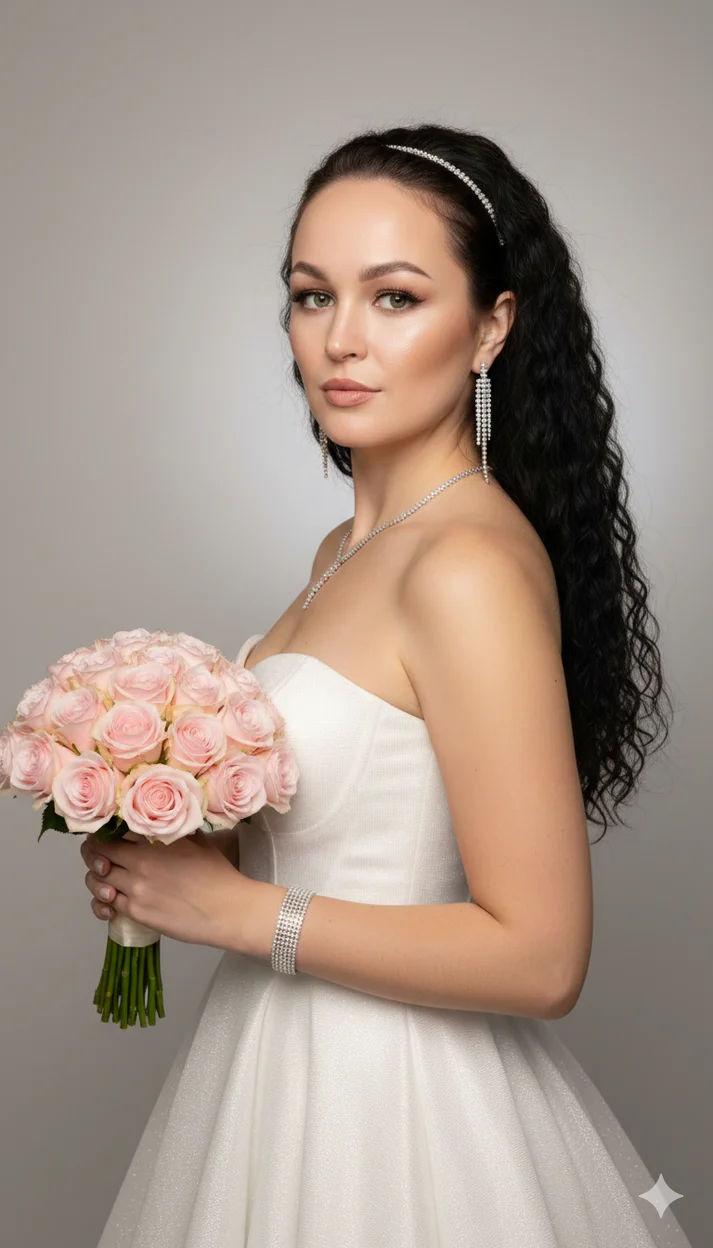 Невеста в сияющем платье с букетом роз