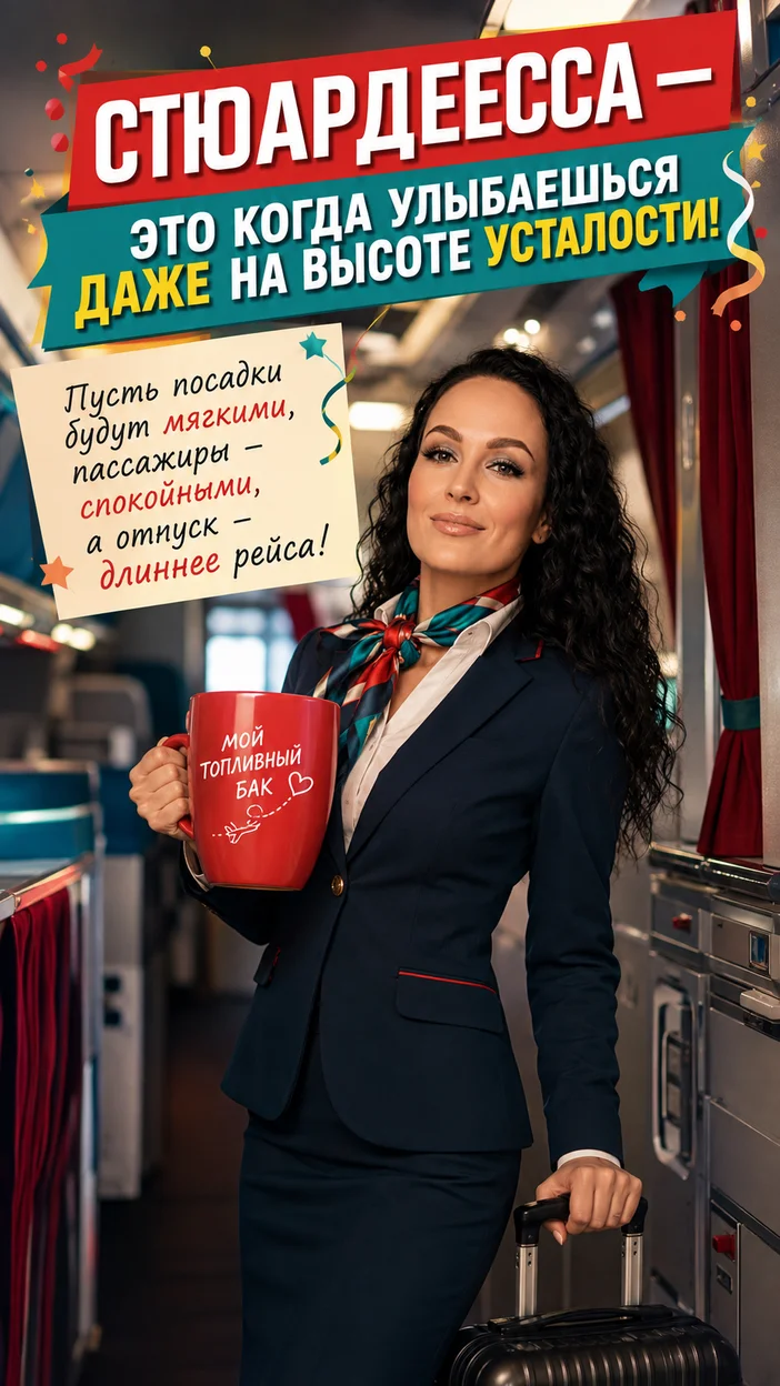 Фотооткрытка стюардессе с поздравлением "СТЮАРДЕССА — ЭТО КОГДА УЛЫБАЕШЬСЯ ДАЖЕ НА ВЫСОТЕ УСТАЛОСТИ!"