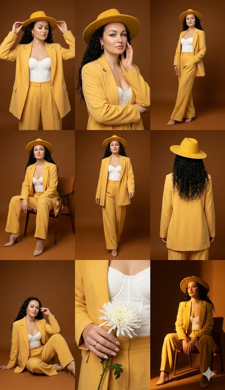 Коллаж  Золотой минимализм — fashion-съёмка в жёлтом костюме 