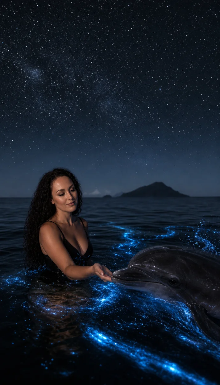 Фотосессия ночная с дельфином и светящейся биолюминесцентной водой — девушка по пояс в тёмной воде
