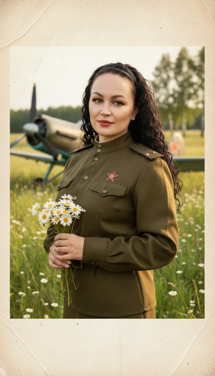 Женщина в военной форме с ромашками на фоне самолёта 