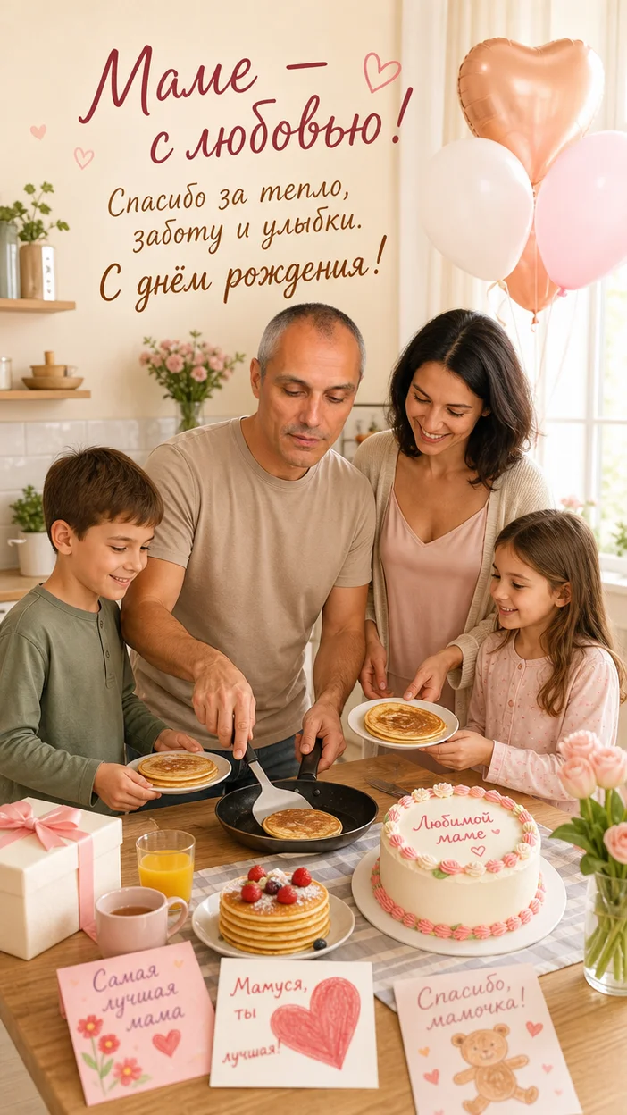 Фотосессия семейная открытка от мужа и детей на кухне