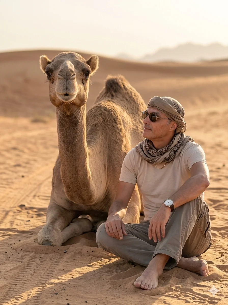 Мужчина в пустыне с верблюдом сидит на песке