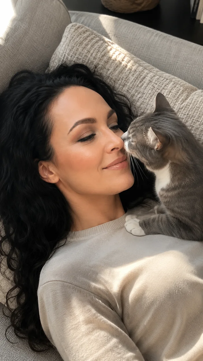 Фотосессия домашняя с кошкой у лица девушки