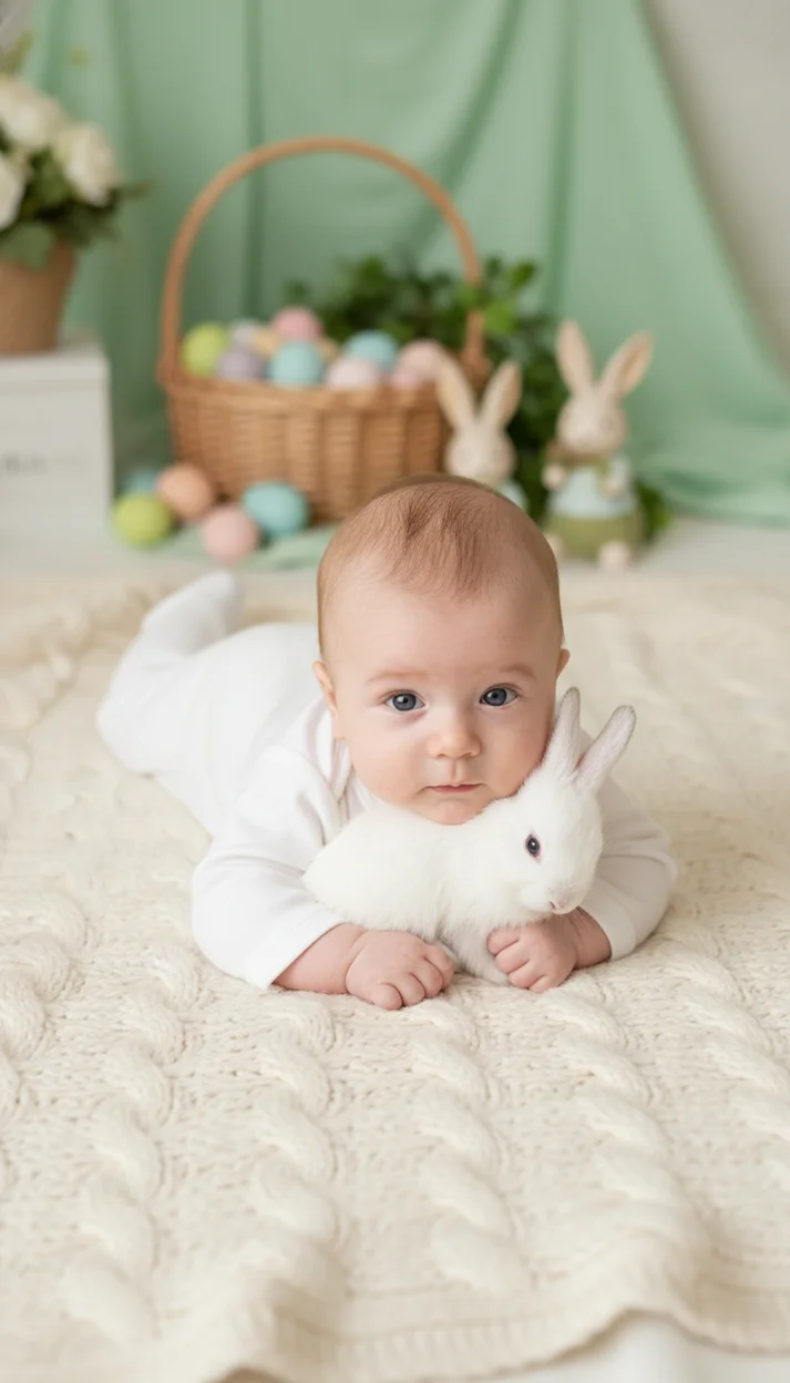 Малыш с кроликом и пасхальной корзиной