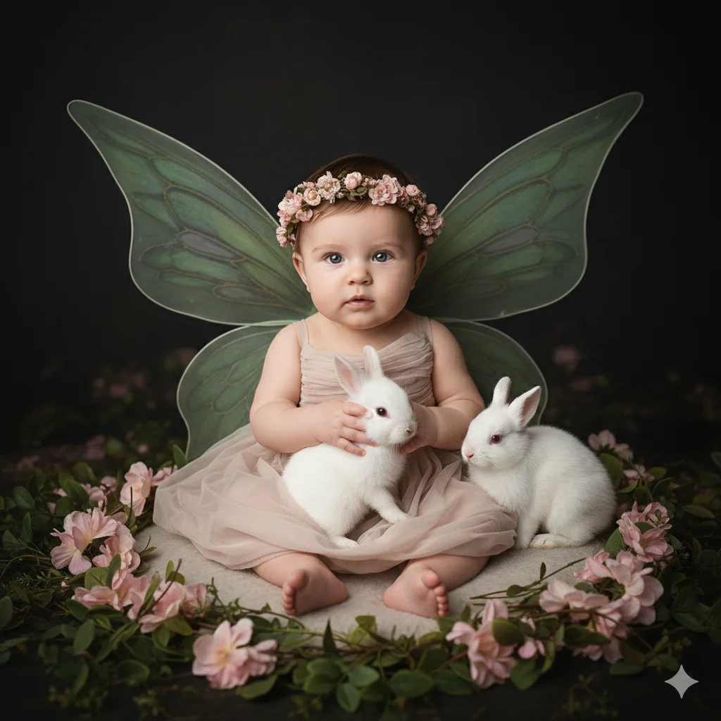 Малыш с крыльями феи сидит с белыми кроликами в цветах