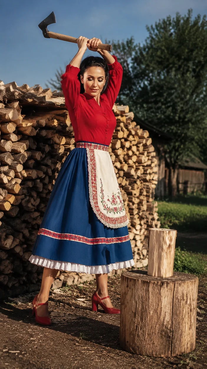 Фотосессия женщины с топором на деревенском дворе