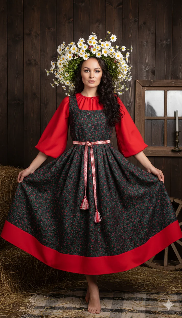 Женщина в деревенском интерьере с венком из ромашек