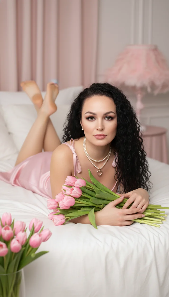  Женщина в розовом платье лежит на белой кровати с букетом розовых тюльпанов