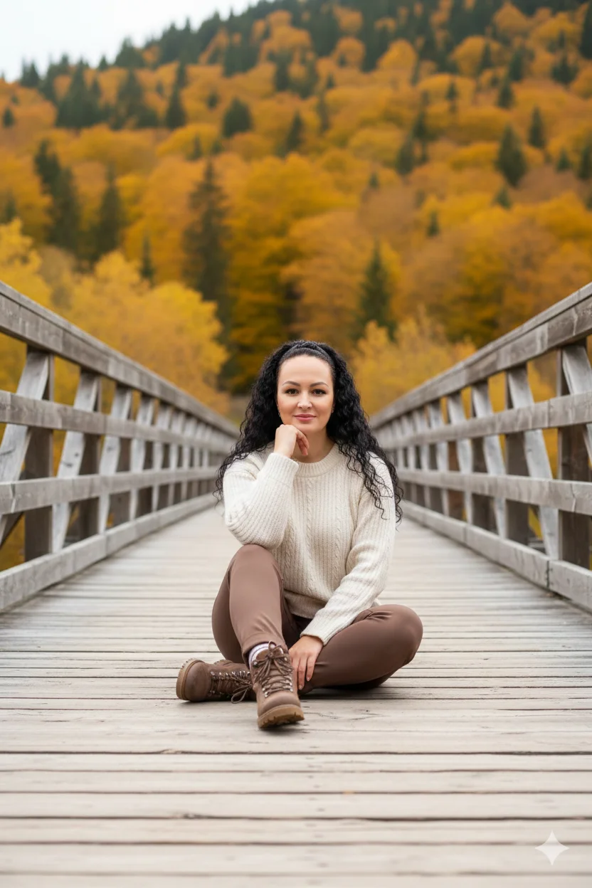 Женщина на деревянном мосту в свитере и коричневых брюках сидит по центру