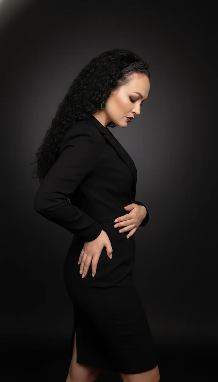 Женщина в студии в чёрном платье в профиль с руками у талии 