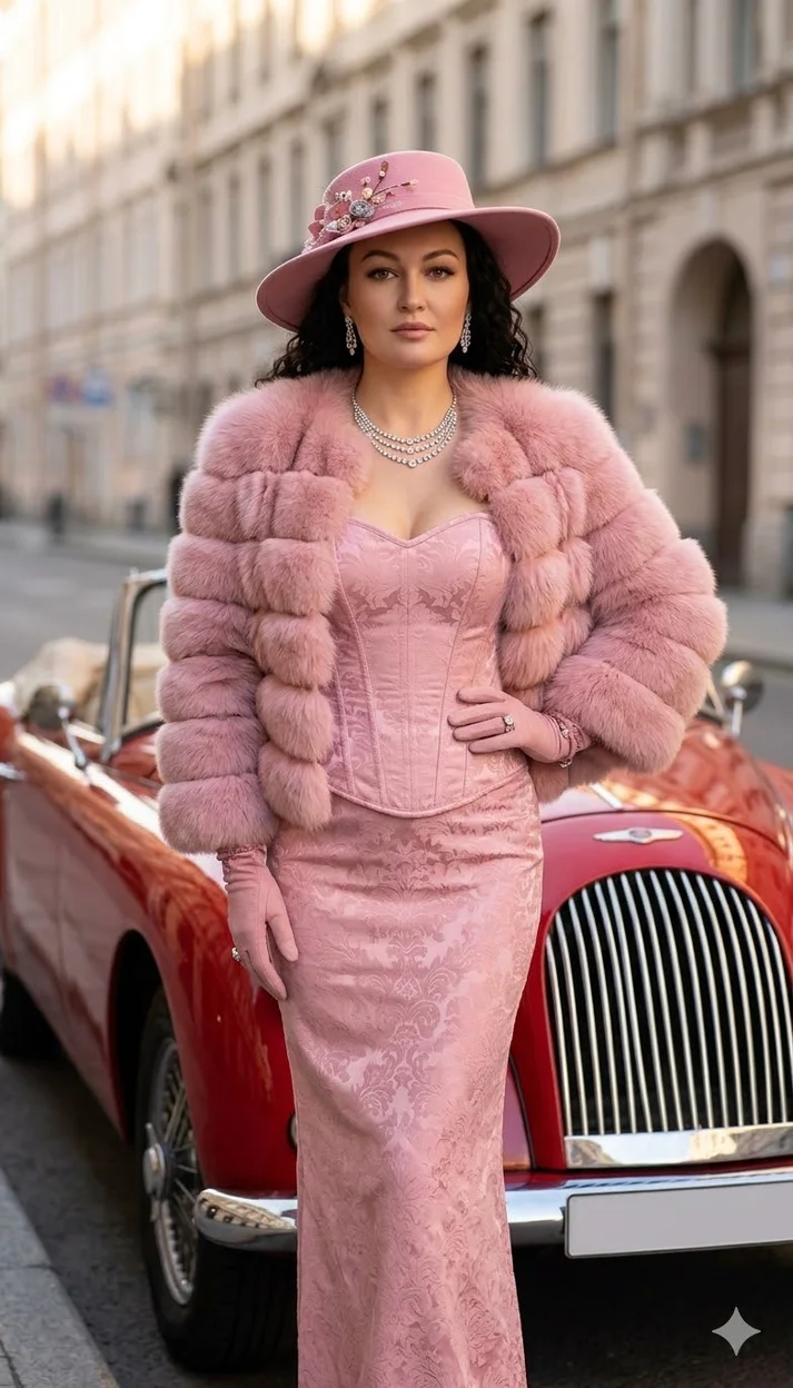 Женщина у ретро-автомобиля в розовом платье, меховом жакете и широкой шляпе стоит фронтально,