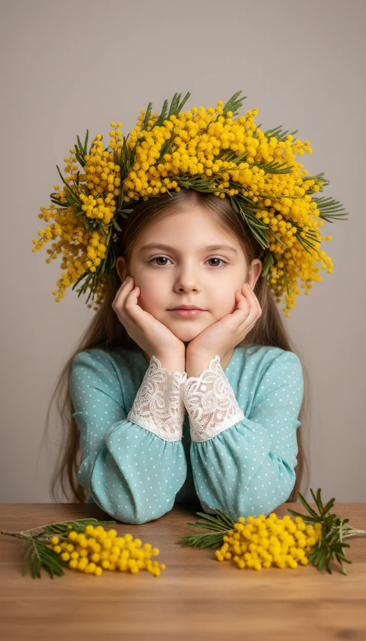 Нежный портрет ребёнка с венком из мимозы