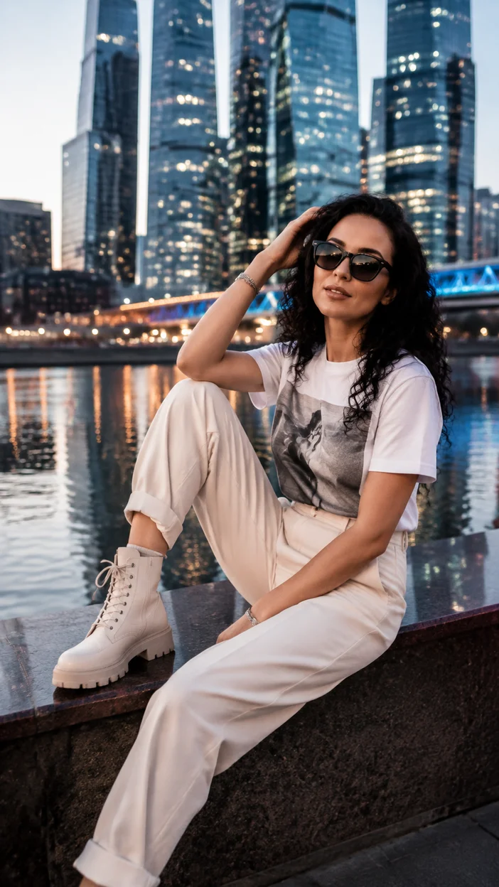 Фотосессия девушки в светлом образе у Москва-Сити и воды