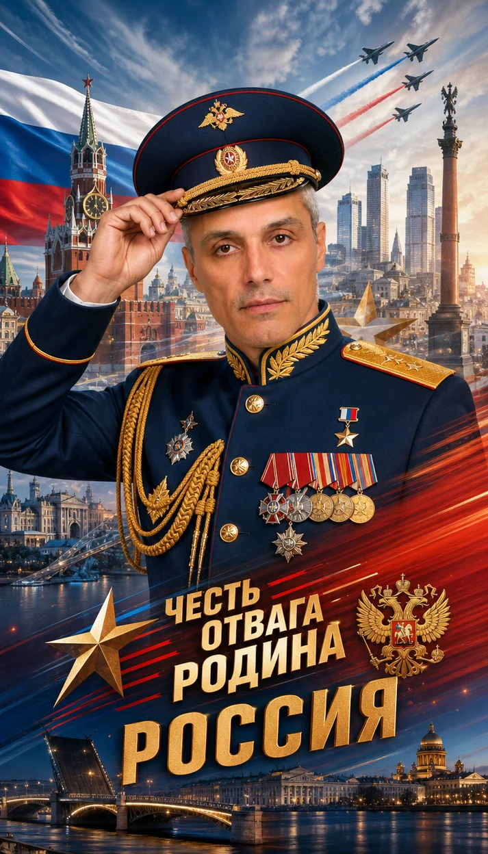 Фотосессия коллаж‑открытка с офицером и символикой