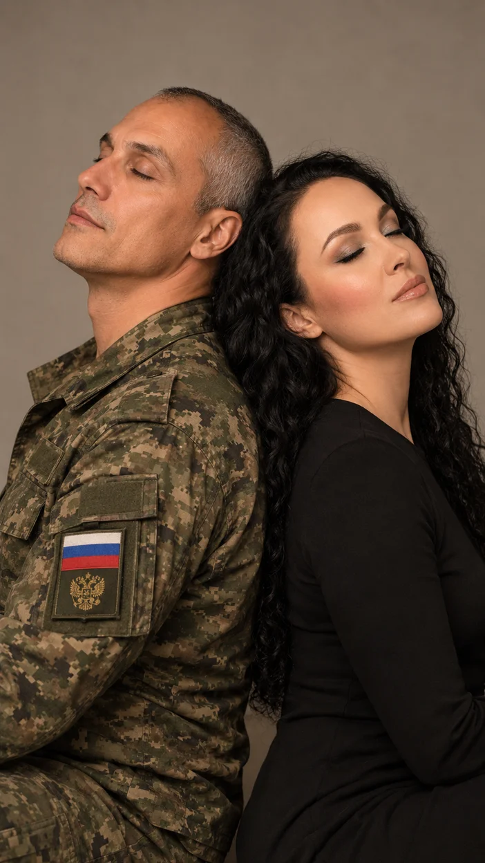 Фотосессия парный студийный портрет мужчина в современной русской военной форме и женщина в чёрном платье — спины касаются, тёплый студийный свет