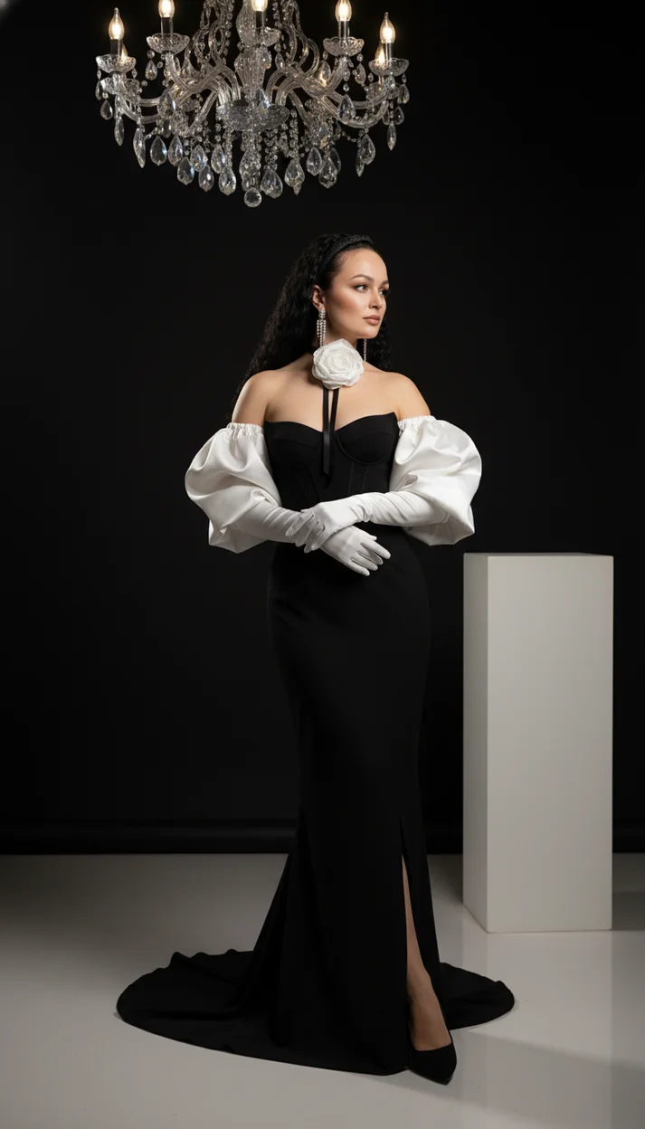  Женщина в чёрном вечернем платье с белыми атласными рукавами стоит под хрустальной люстрой