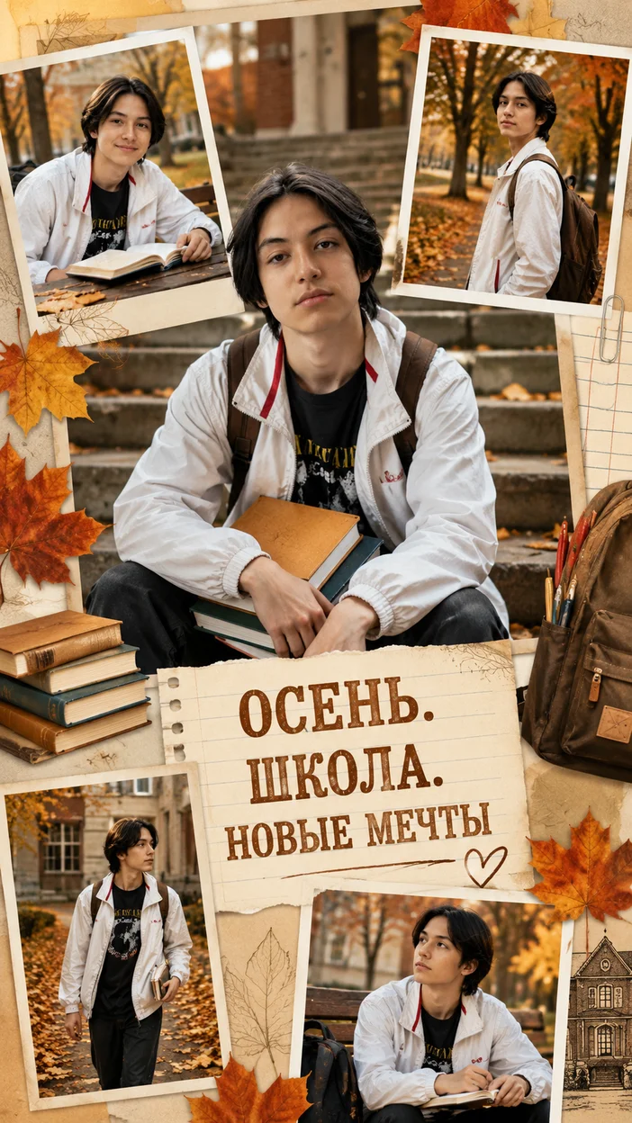 Фотосессия тёплого осеннего школьного коллажа с парнем