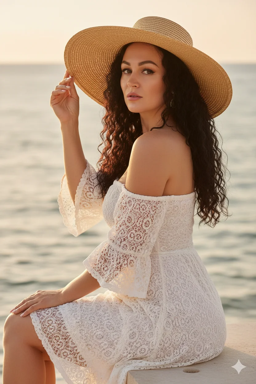 девушка в кружевном летнем платье и широкой соломенной шляпе