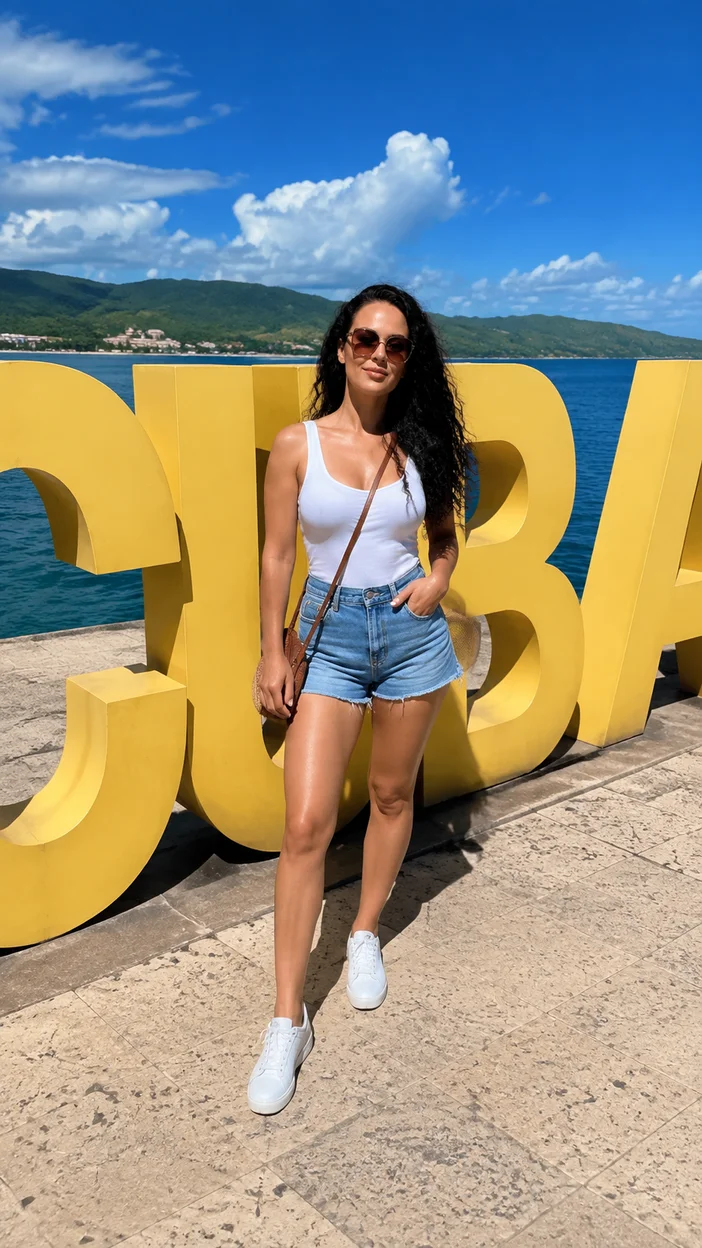 Фотосессия девушки в белой майке и шортах у букв CUBA
