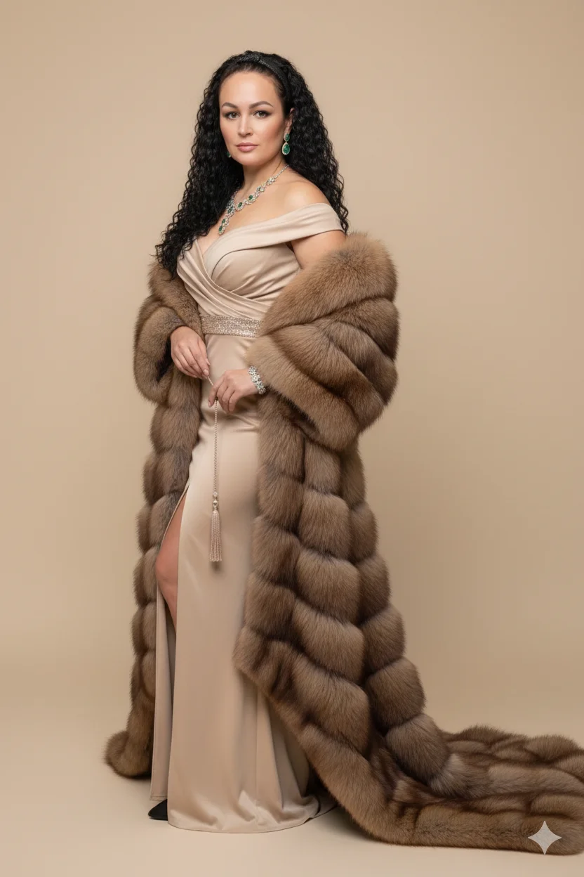 Девушка в бежевом платье с меховой накидкой на светлом фоне