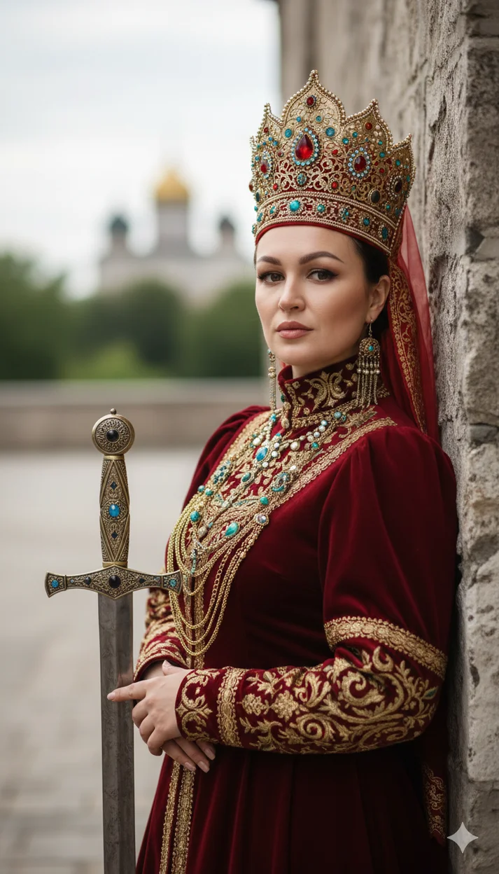 Девушка в царском красном платье у каменной стены