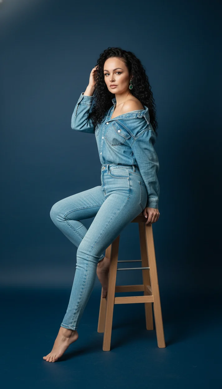  Fashion-портрет в джинсовом тотал-луке на табурете