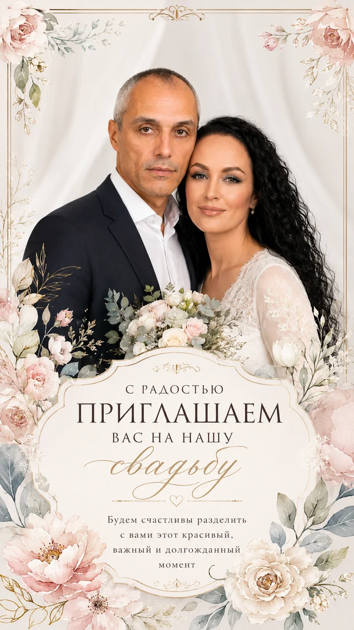 Фотооткрытка премиальная студийная с надписью «С радостью приглашаем вас на нашу свадьбу»