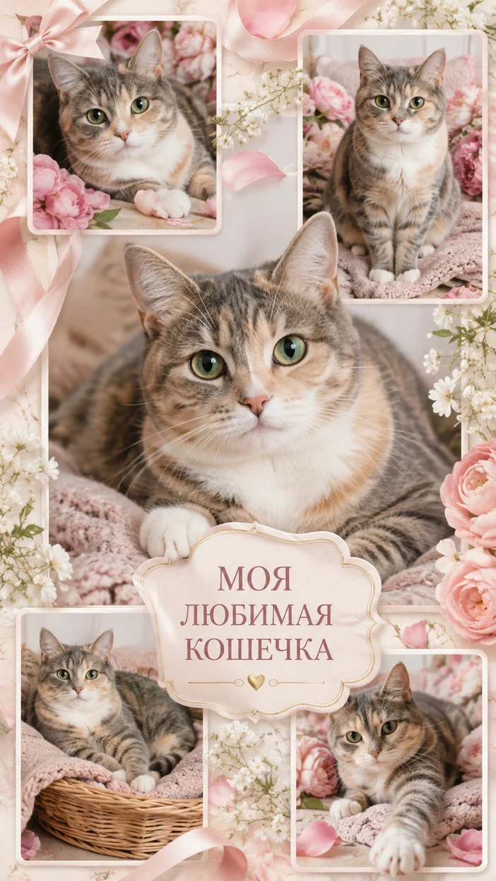 Фотосессия нежного цветочного коллажа с кошкой
