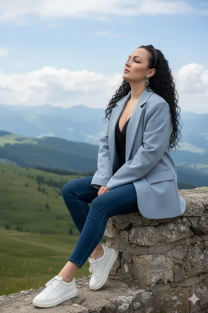 Женщина в горах на каменной ограде в джинсах и куртке