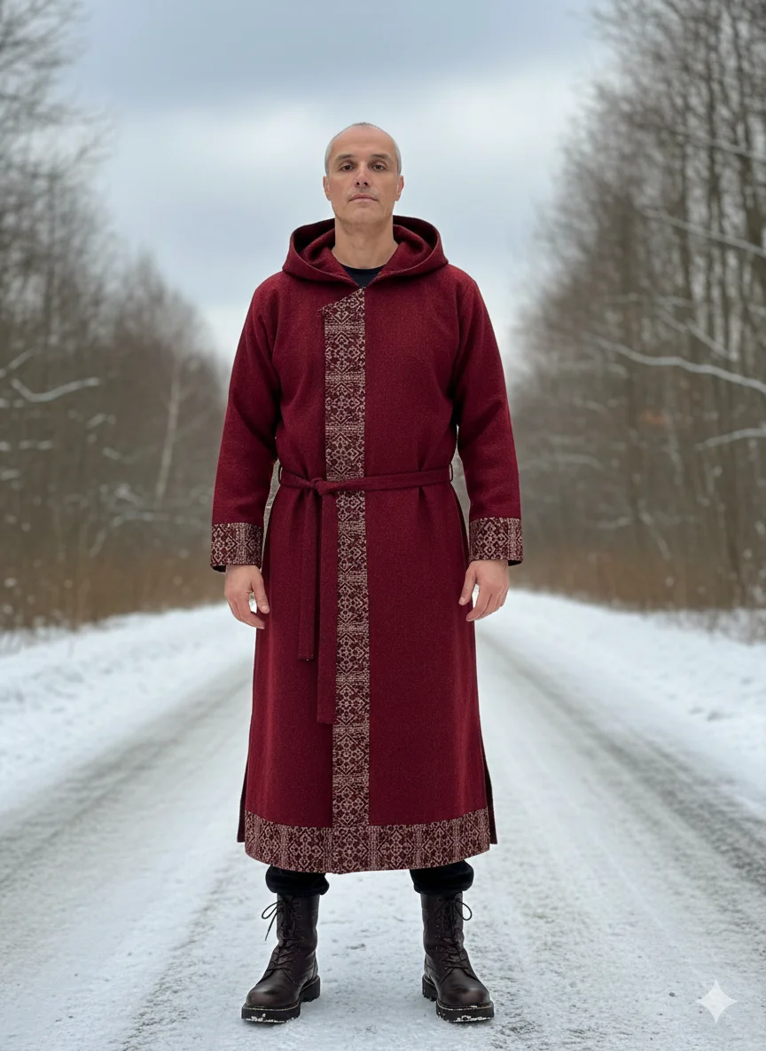 Мужчина в длинном красном кафтане с капюшоном стоит на заснеженной дороге